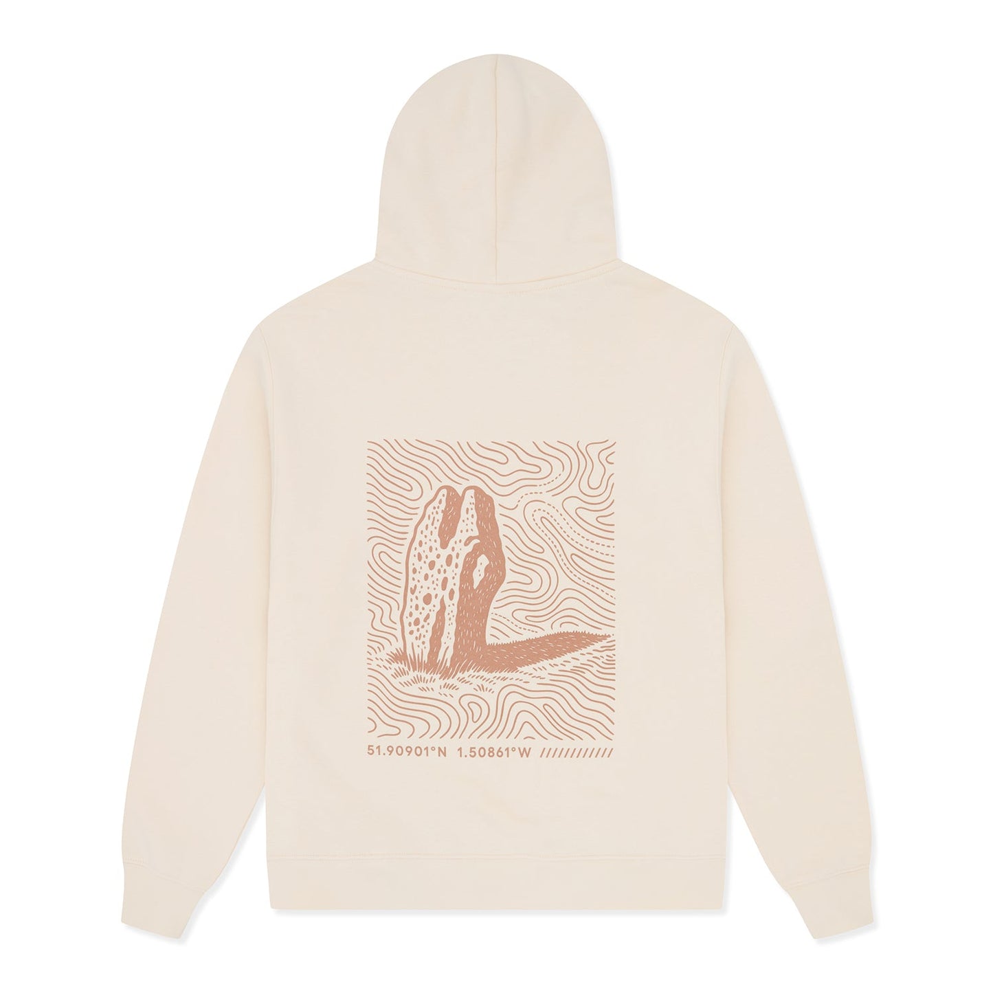 Beige hoodie with a graphic design on the back against. 