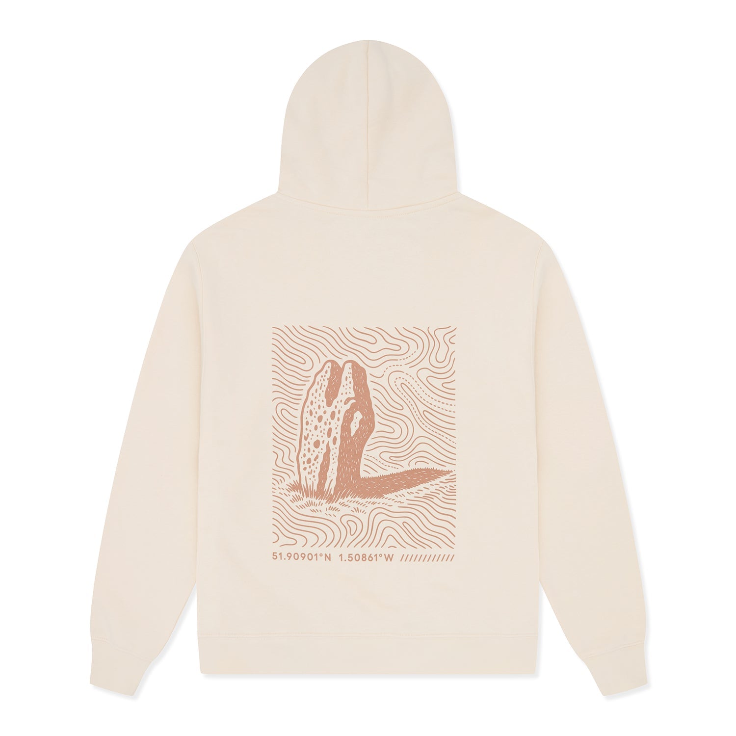 Beige hoodie with a graphic design on the back against.