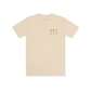 Ecru t-shirt with 'HWK STN' text on a white background 