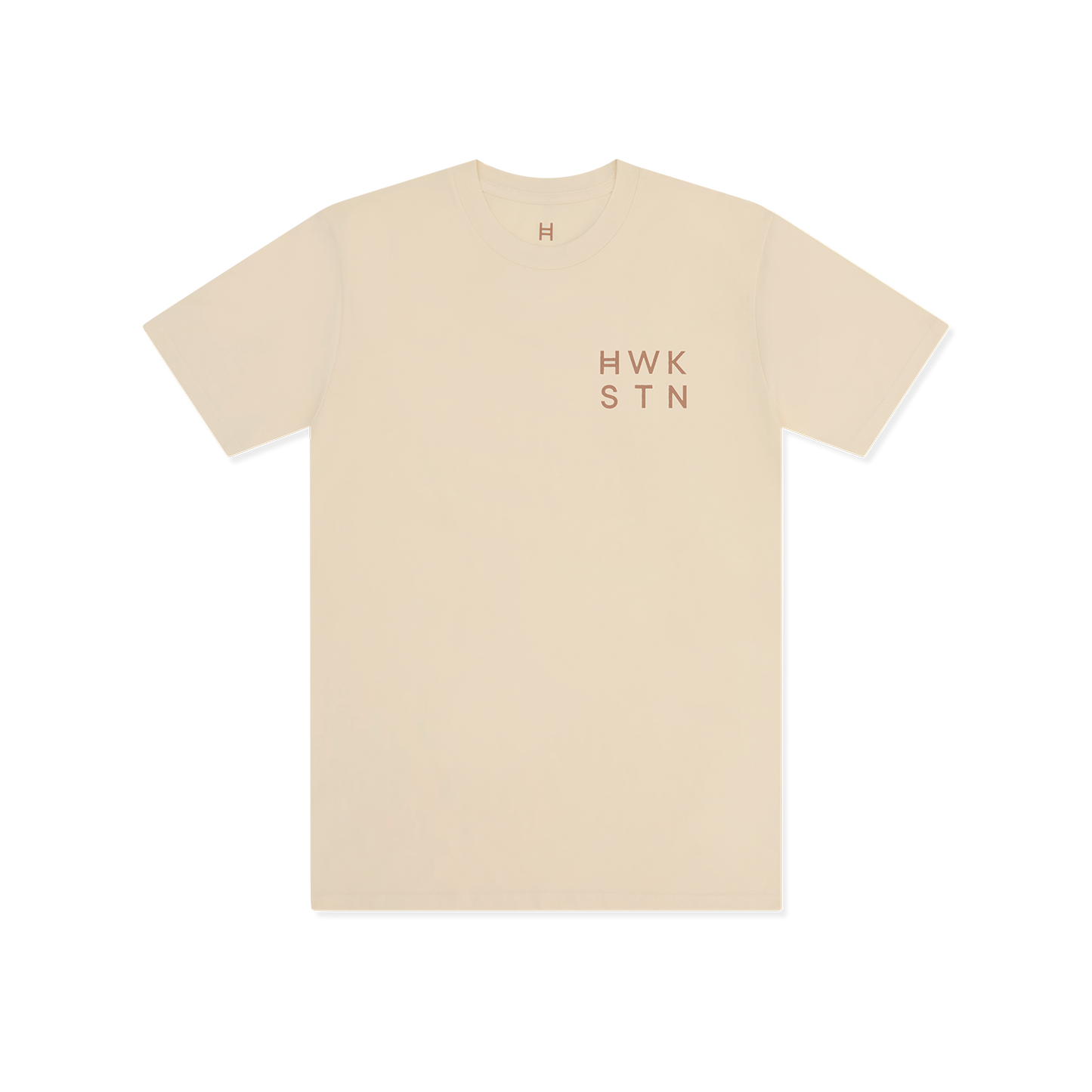 Ecru t-shirt with 'HWK STN' text on a white background 