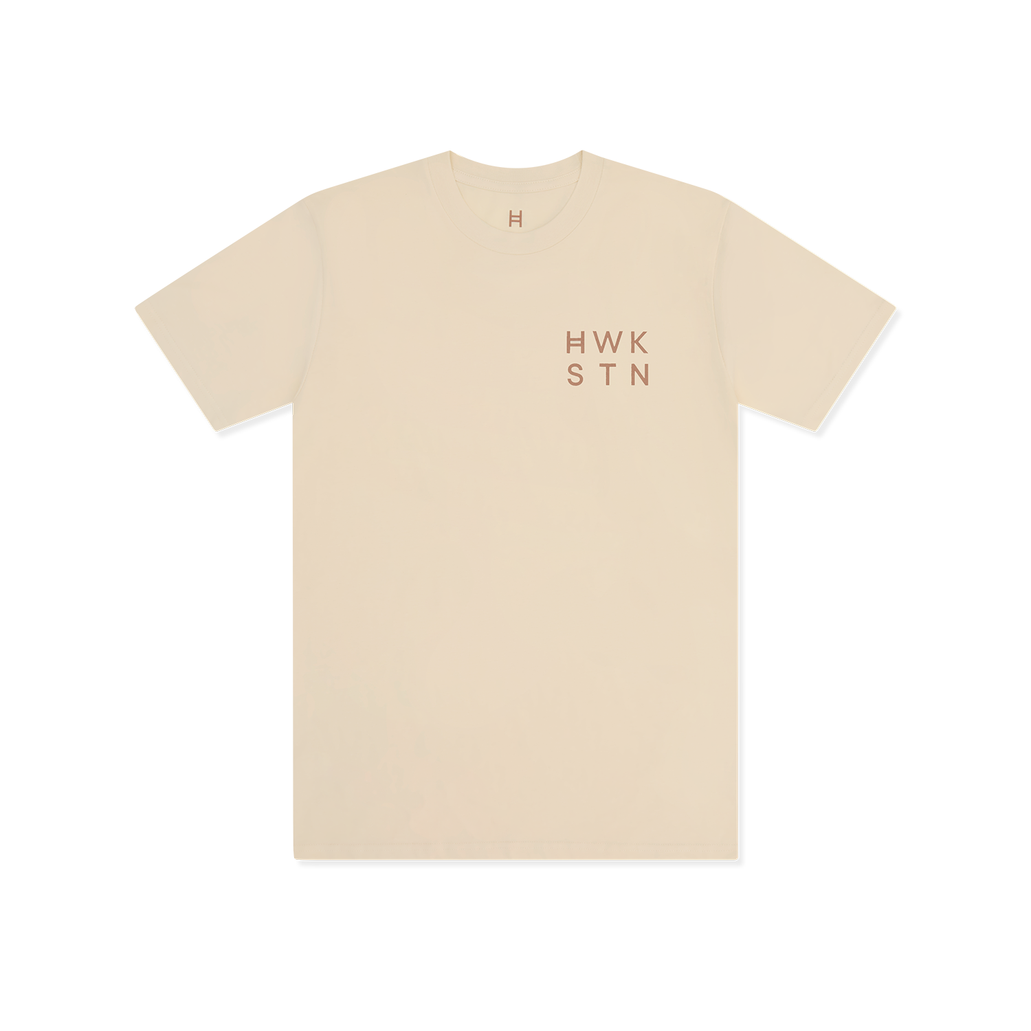 Ecru t-shirt with 'HWK STN' text on a white background