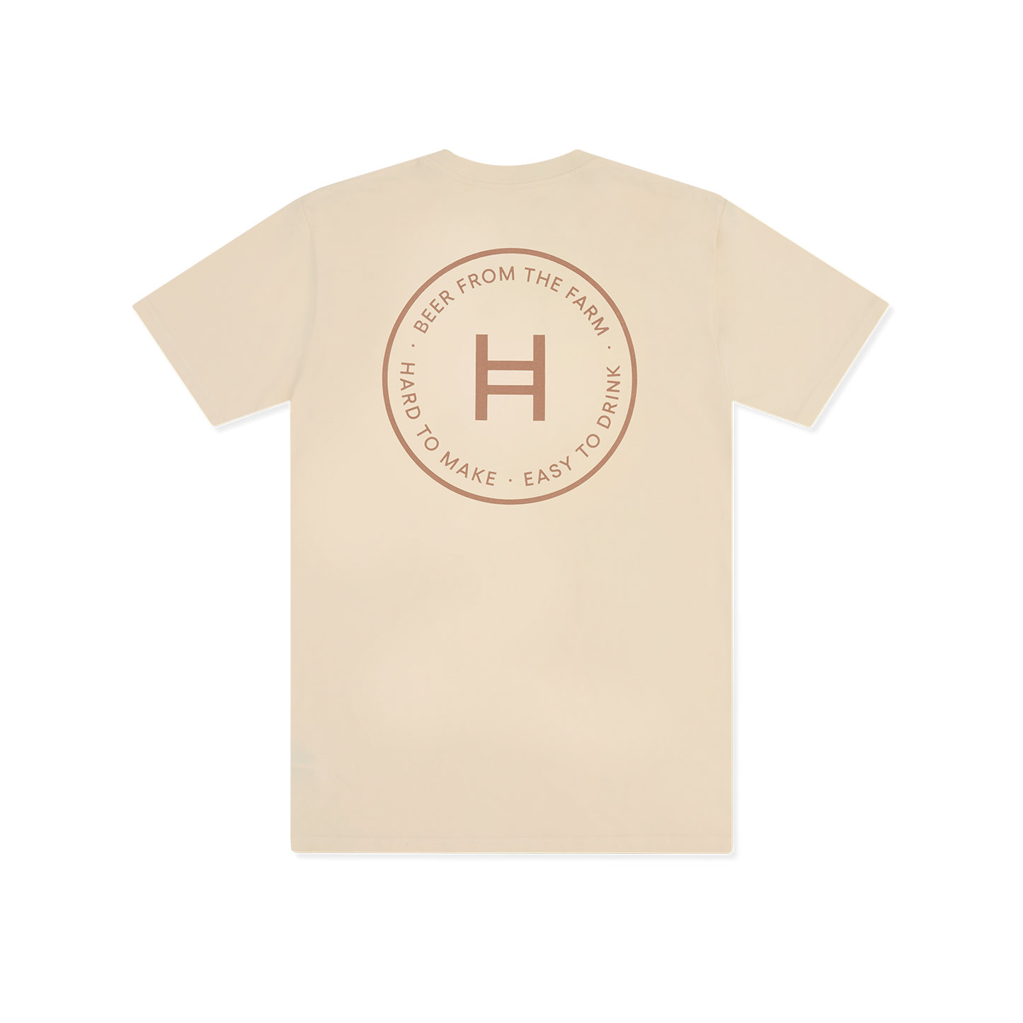 Ecru t-shirt with a circular logo and text on a white background 
