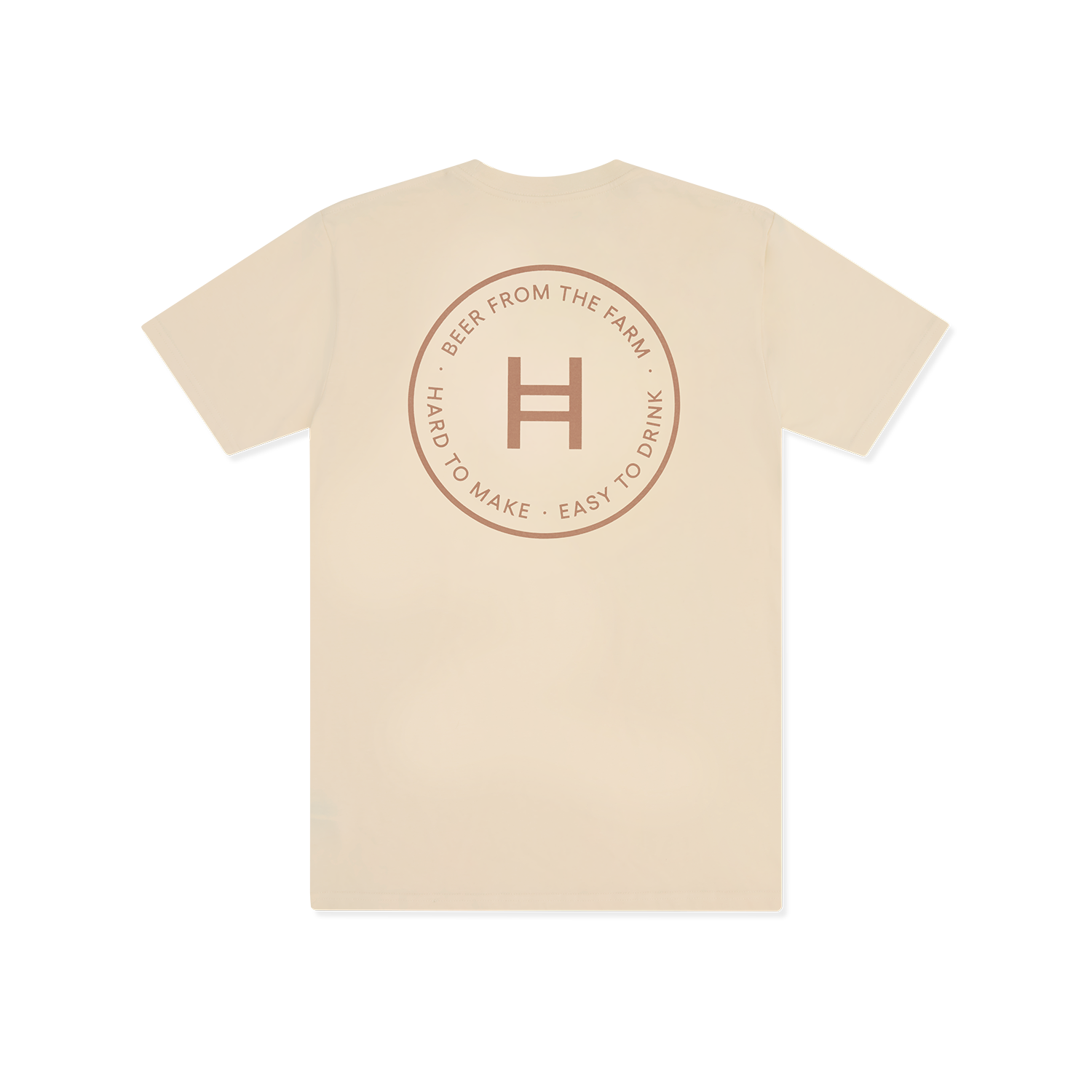 Ecru t-shirt with a circular logo and text on a white background