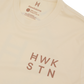 Ecru t-shirt with 'Hawkstone' branding and text on a white background 