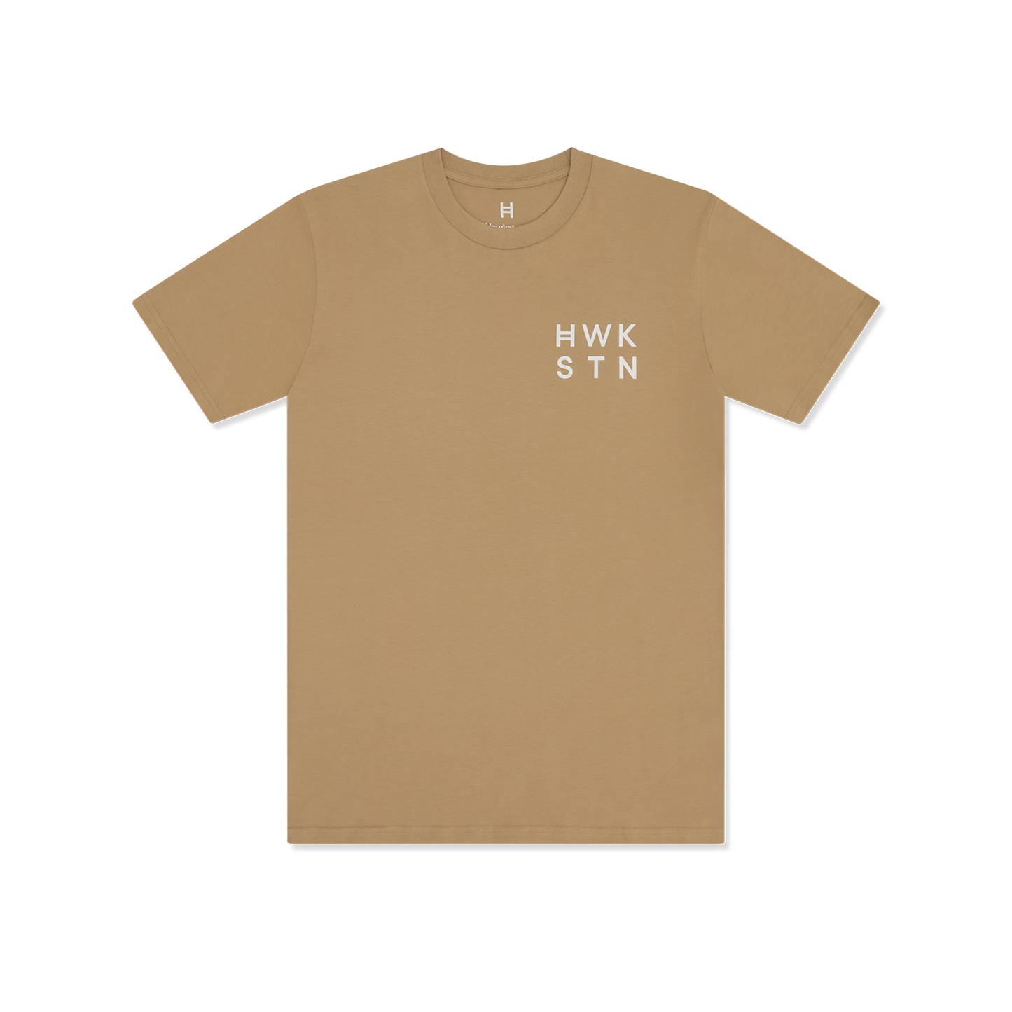Khakhi t-shirt with 'HWK STN' text on a white background 
