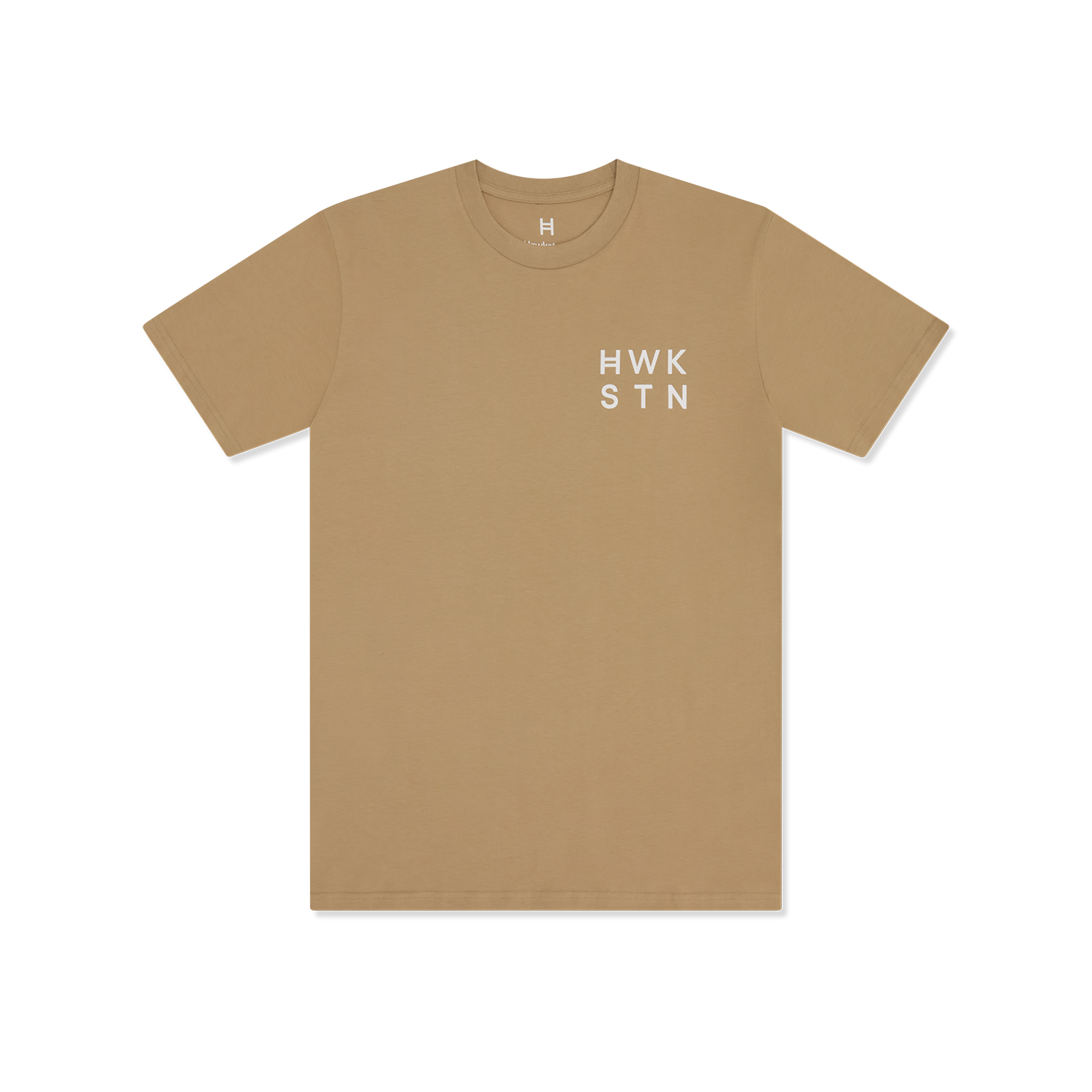 Khakhi t-shirt with 'HWK STN' text on a white background