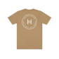 Khakhi t-shirt with a white logo and text on the back against a white background 