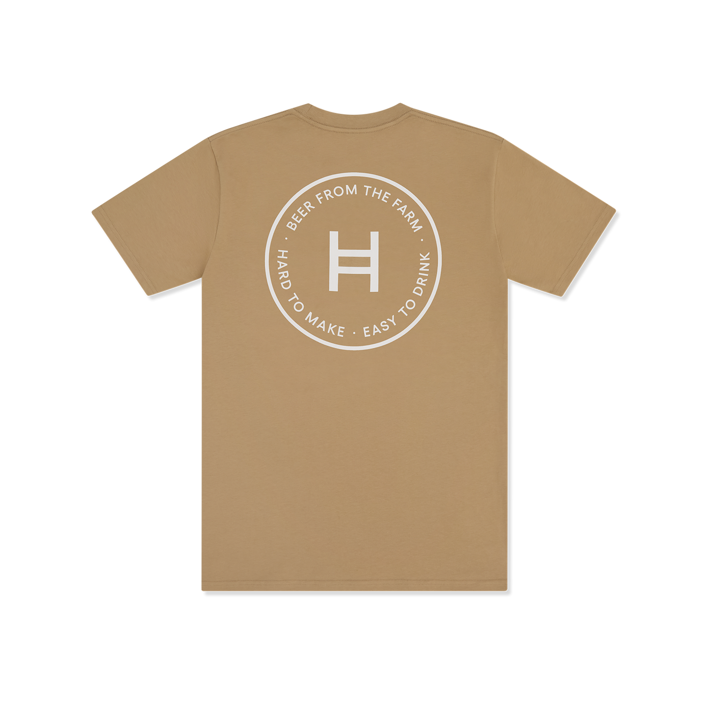 Khakhi t-shirt with a white logo and text on the back against a white background 