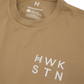 Khakhi t-shirt with 'Hawkstone' branding and 'HWK STN' text on a white background 