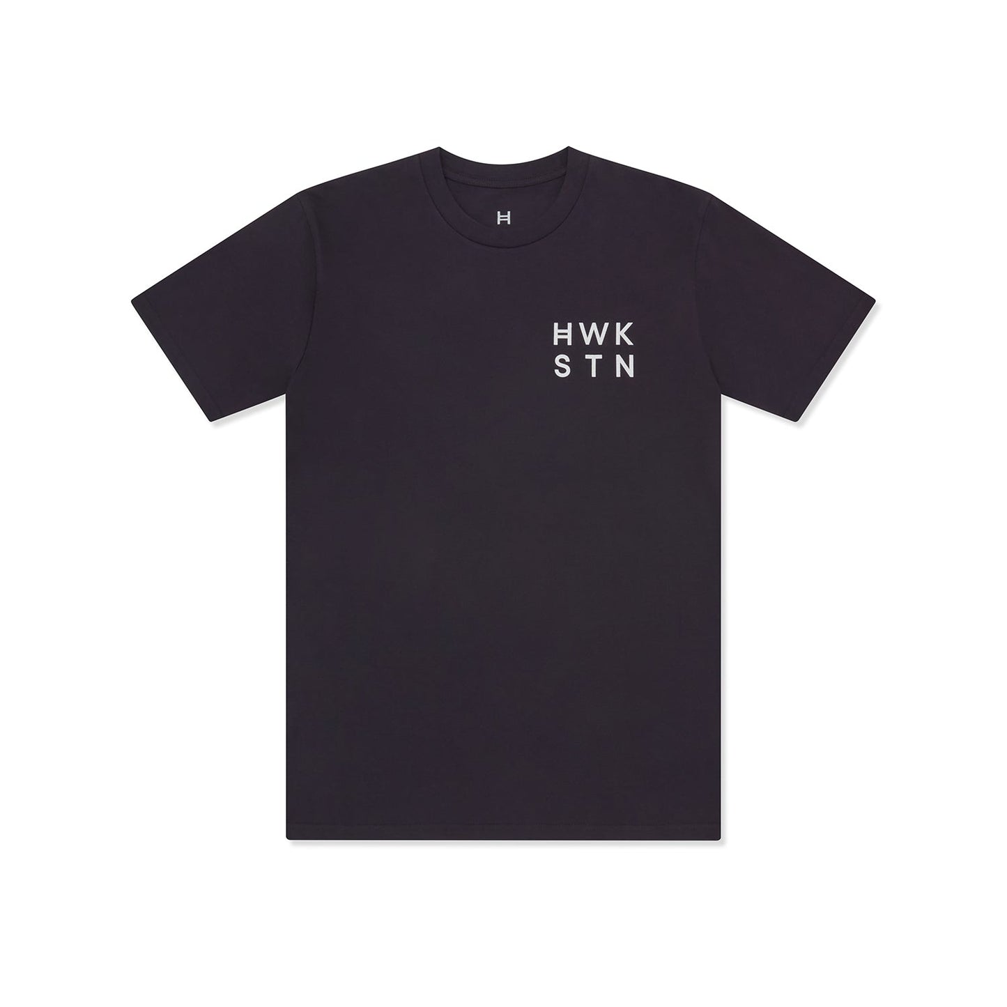 Ink blue t-shirt with 'HWK STN' text on a white background 
