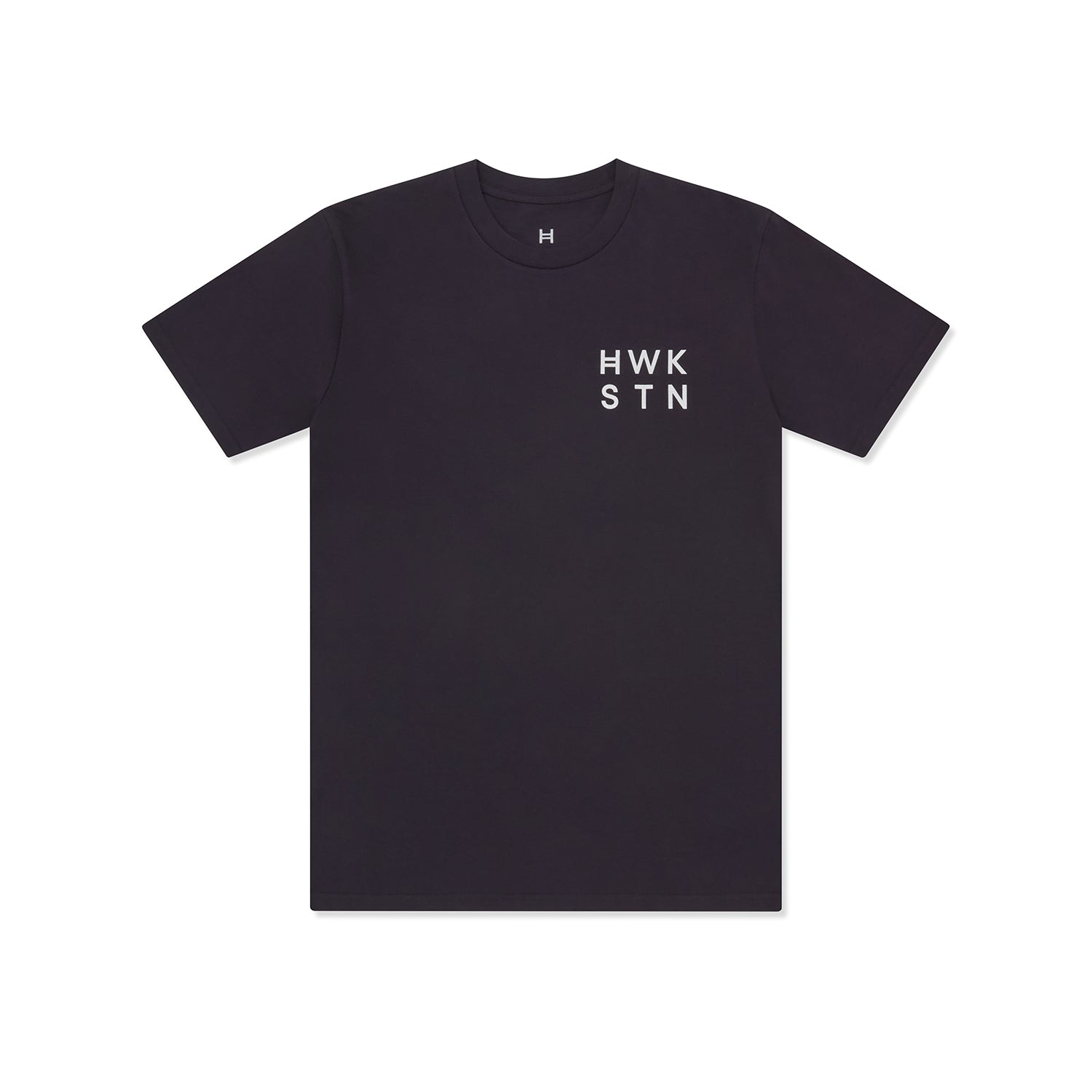 Ink blue t-shirt with 'HWK STN' text on a white background