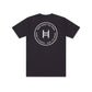 Ink blue t-shirt with white logo and text on a white background 