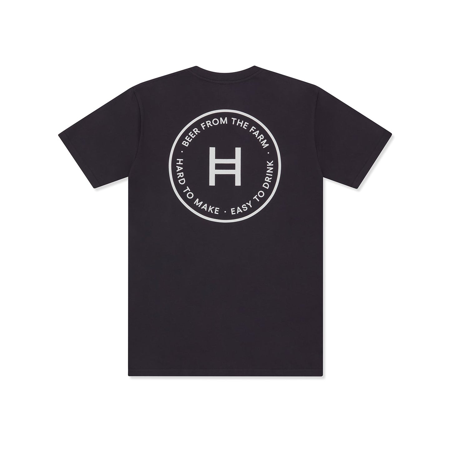 Ink blue t-shirt with white logo and text on a white background 