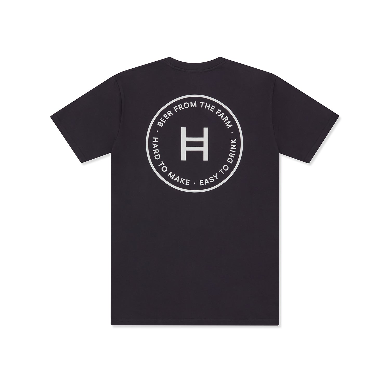 Ink blue t-shirt with white logo and text on a white background