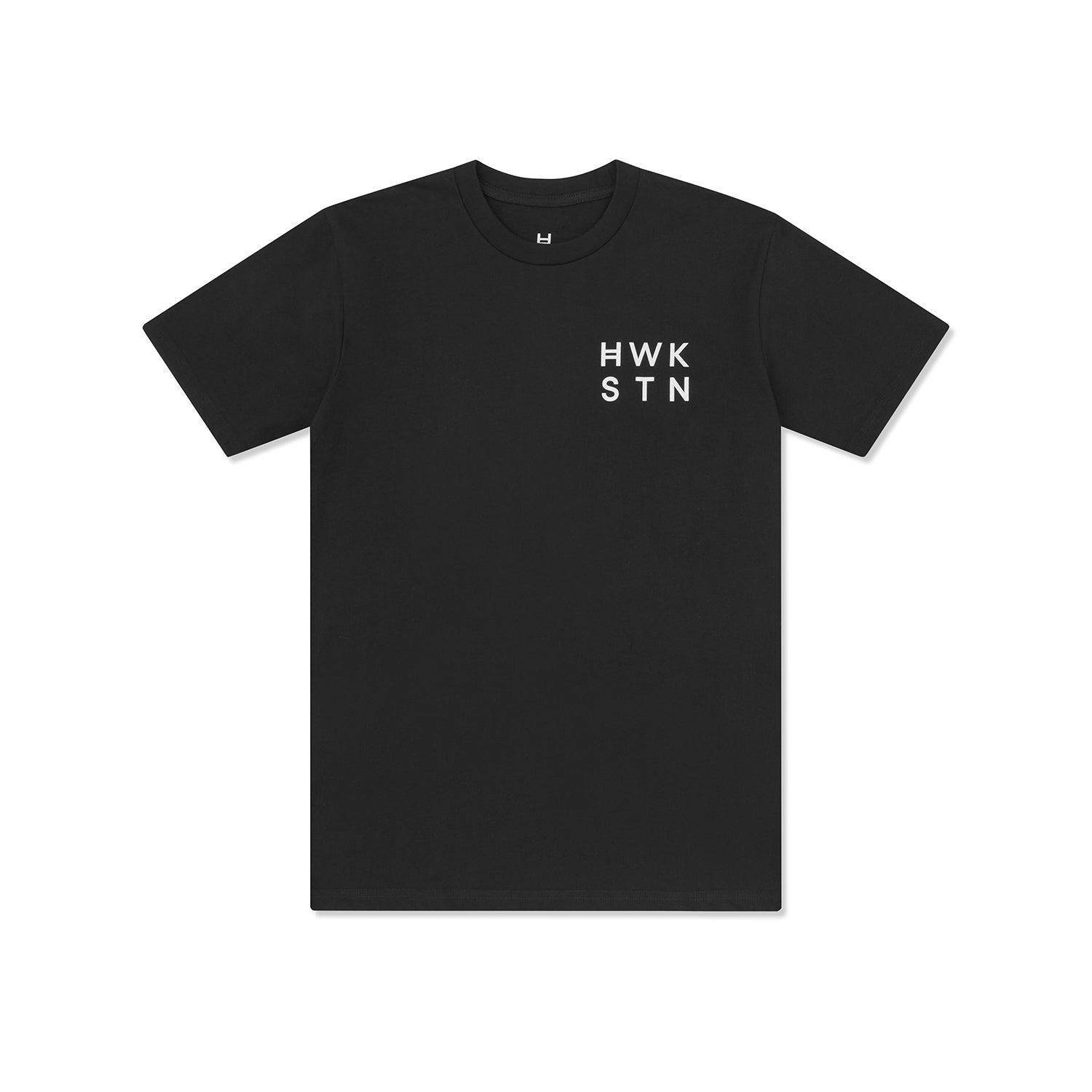 Black t-shirt with 'HWK STN' text on a white background