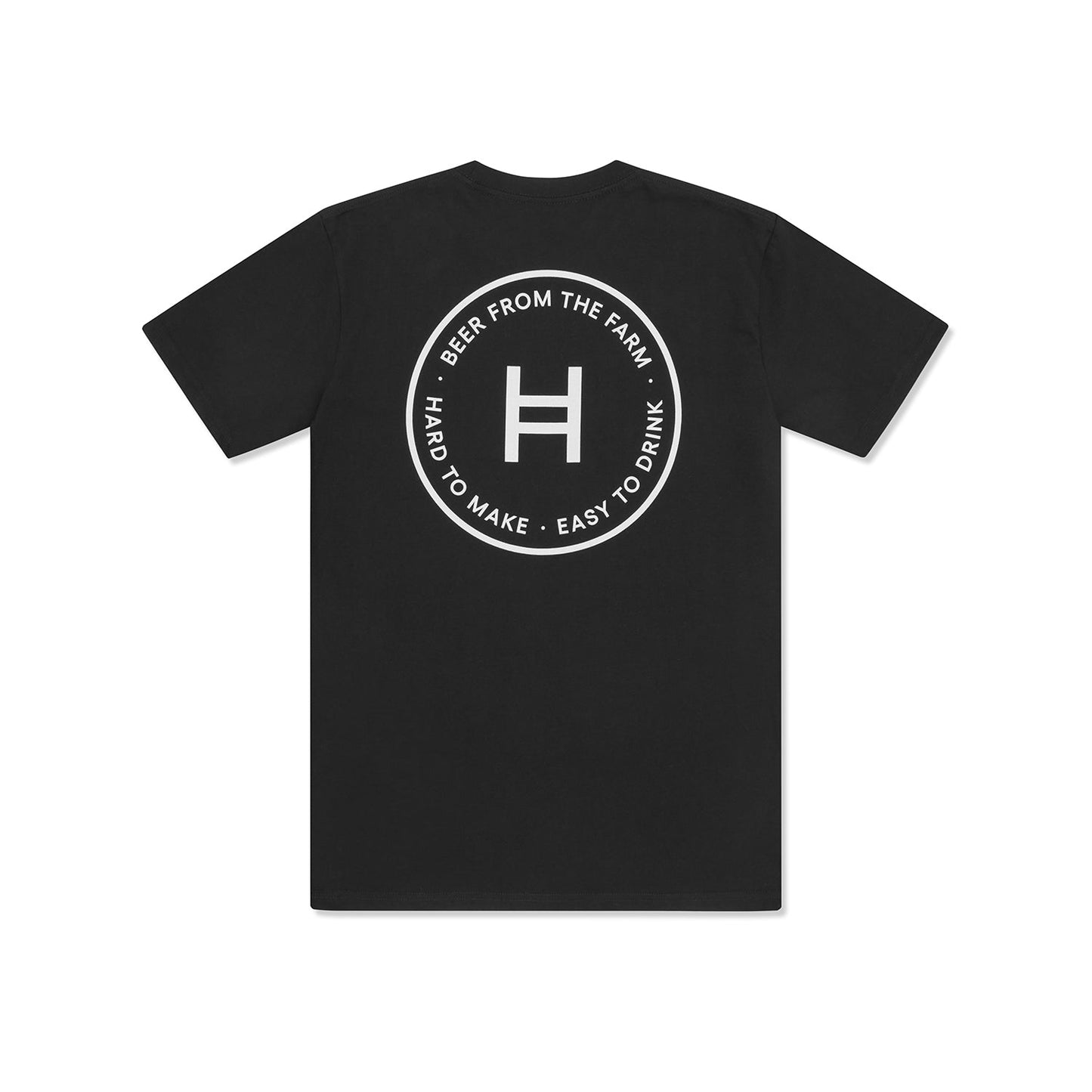Black t-shirt with white circular logo and text on a white background 