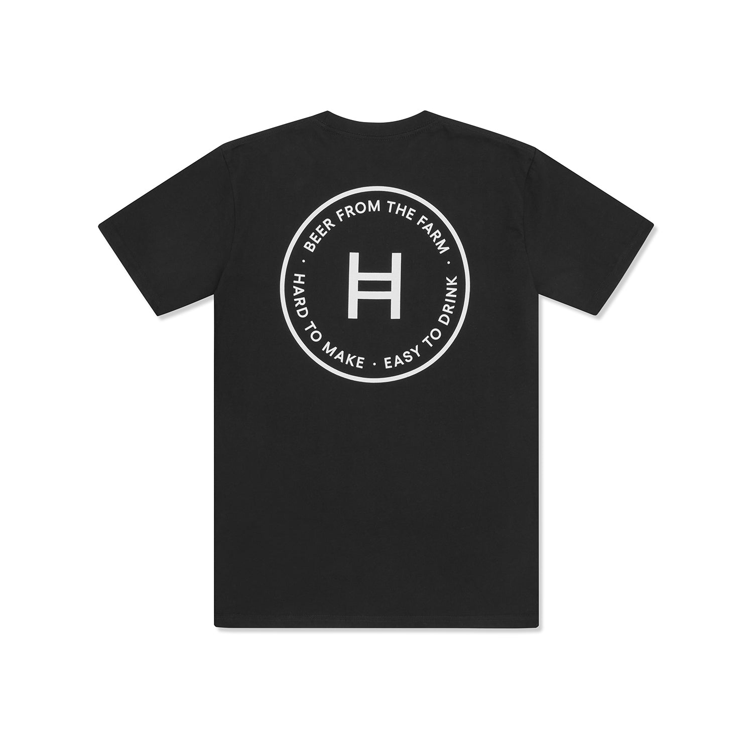 Black t-shirt with white circular logo and text on a white background