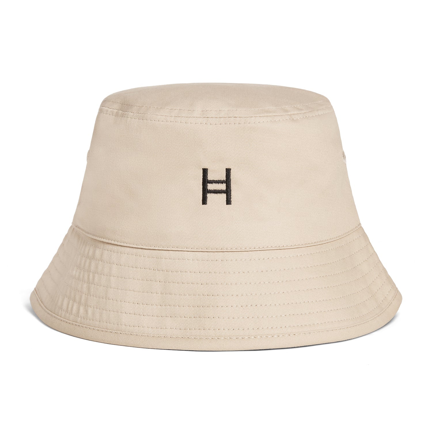 Beige bucket hat with a logo on a white background