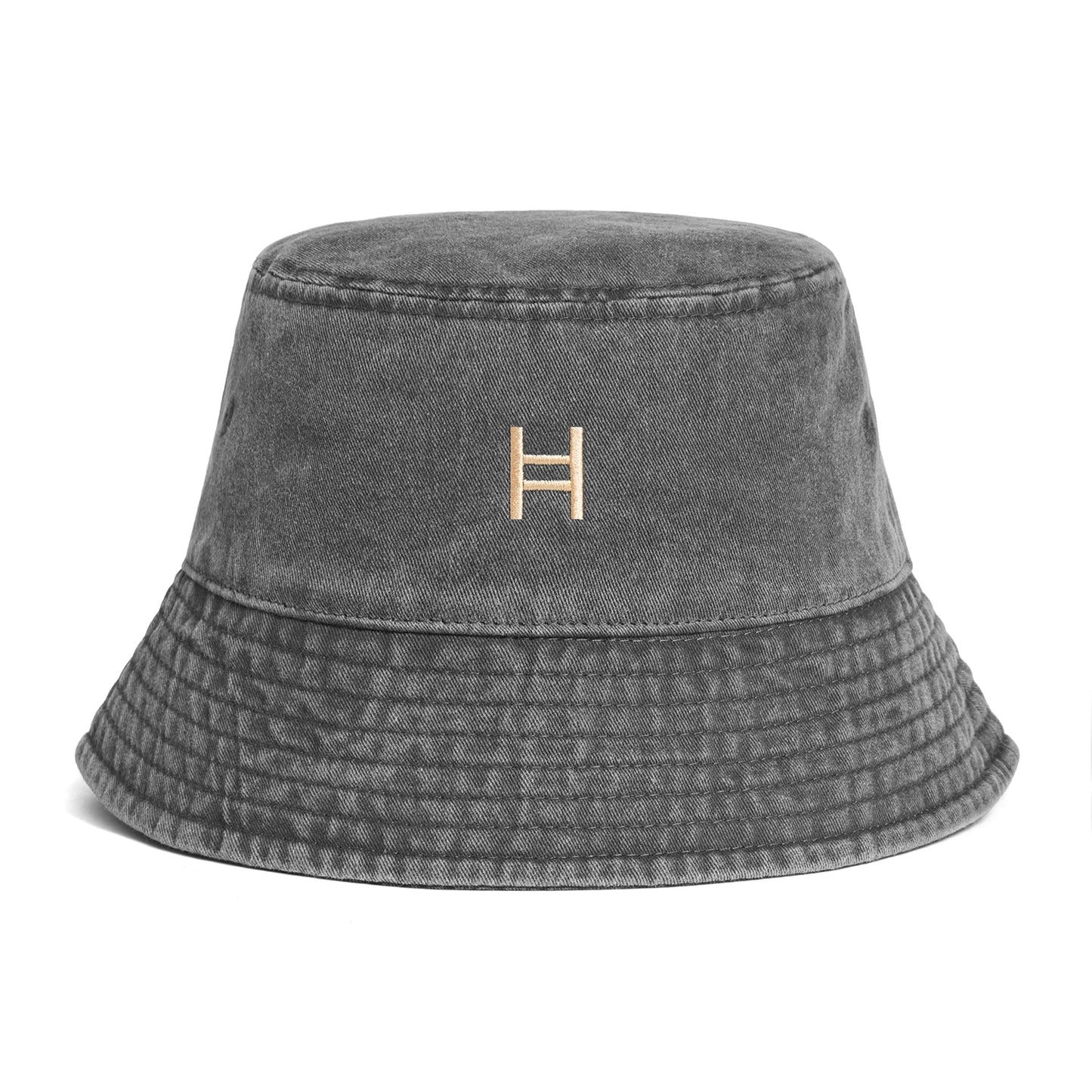 Gray bucket hat with a logo on a white background 