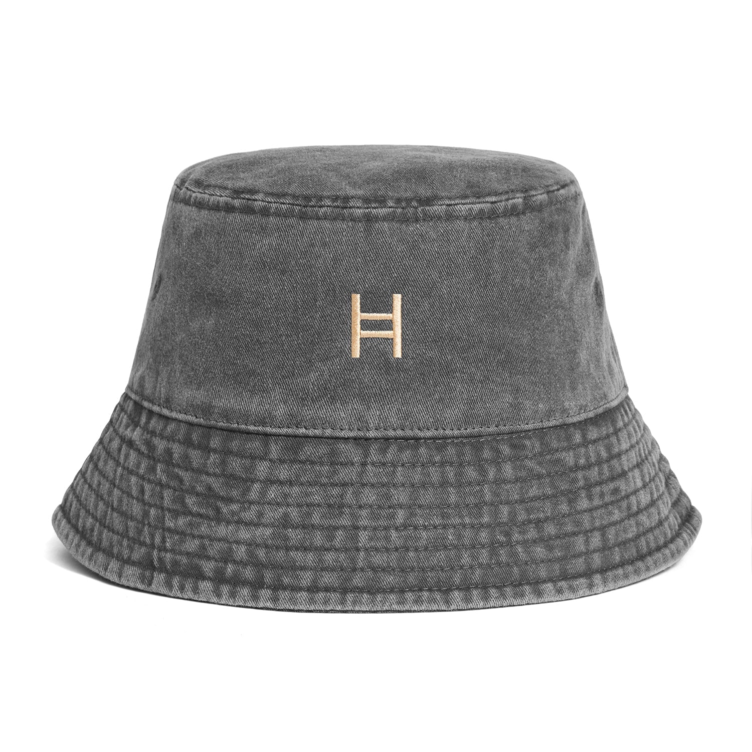 Gray bucket hat with a logo on a white background